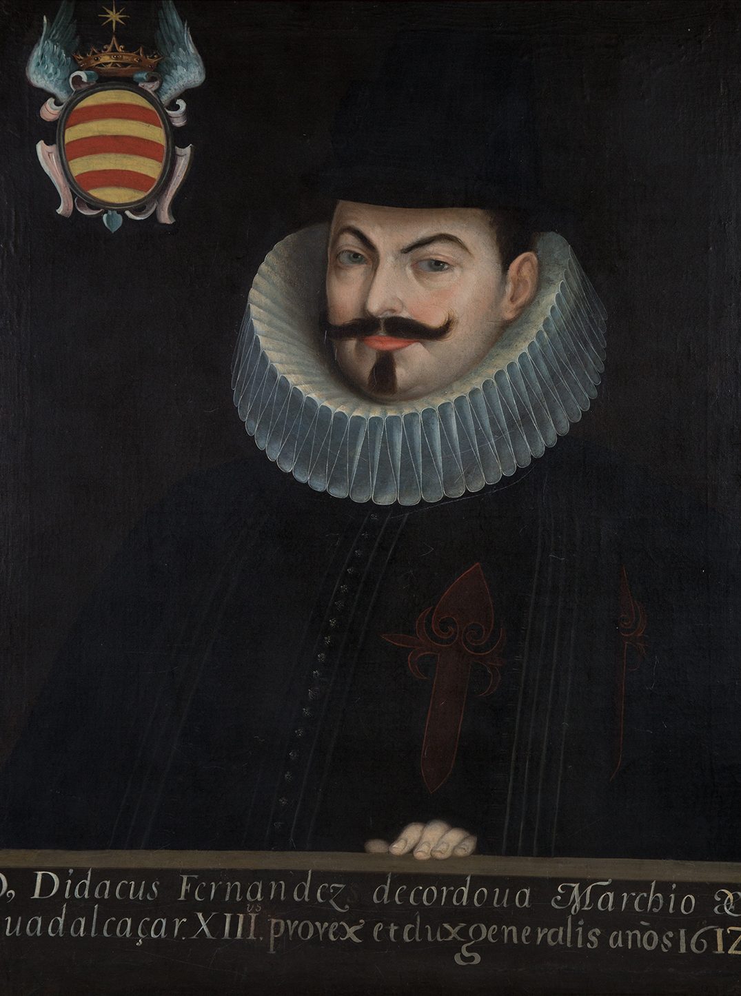 Retrato del virrey Diego Fernández de Córdoba, con la inscripción del lienzo, la cruz de Santiago y un escudo de la casa de Fernández de Córdoba. La villa tomó su apellido.