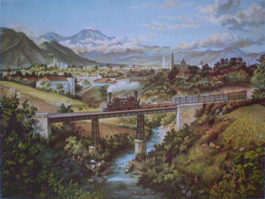 Orizaba desde el puente de Paso del Toro, 1877, con el Pico al fondo. La garita de esta ciudad es el límite hasta donde la caballería persiguió a los realistas el 21 de mayo de 1821.