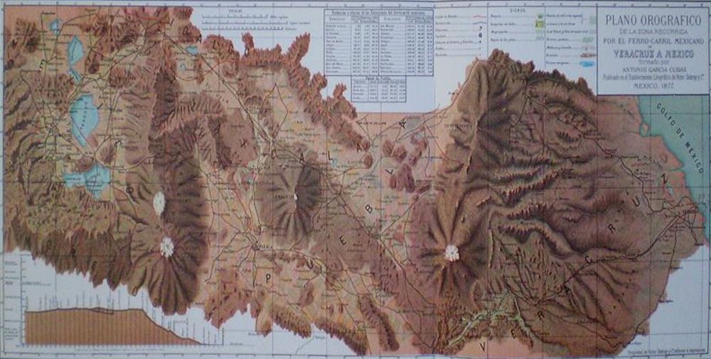 Trazo del Ferrocarril Mexicano entre la Ciudad de México y Veracruz. La subida cruza la sierra de Orizaba, Córdoba y Maltrata.