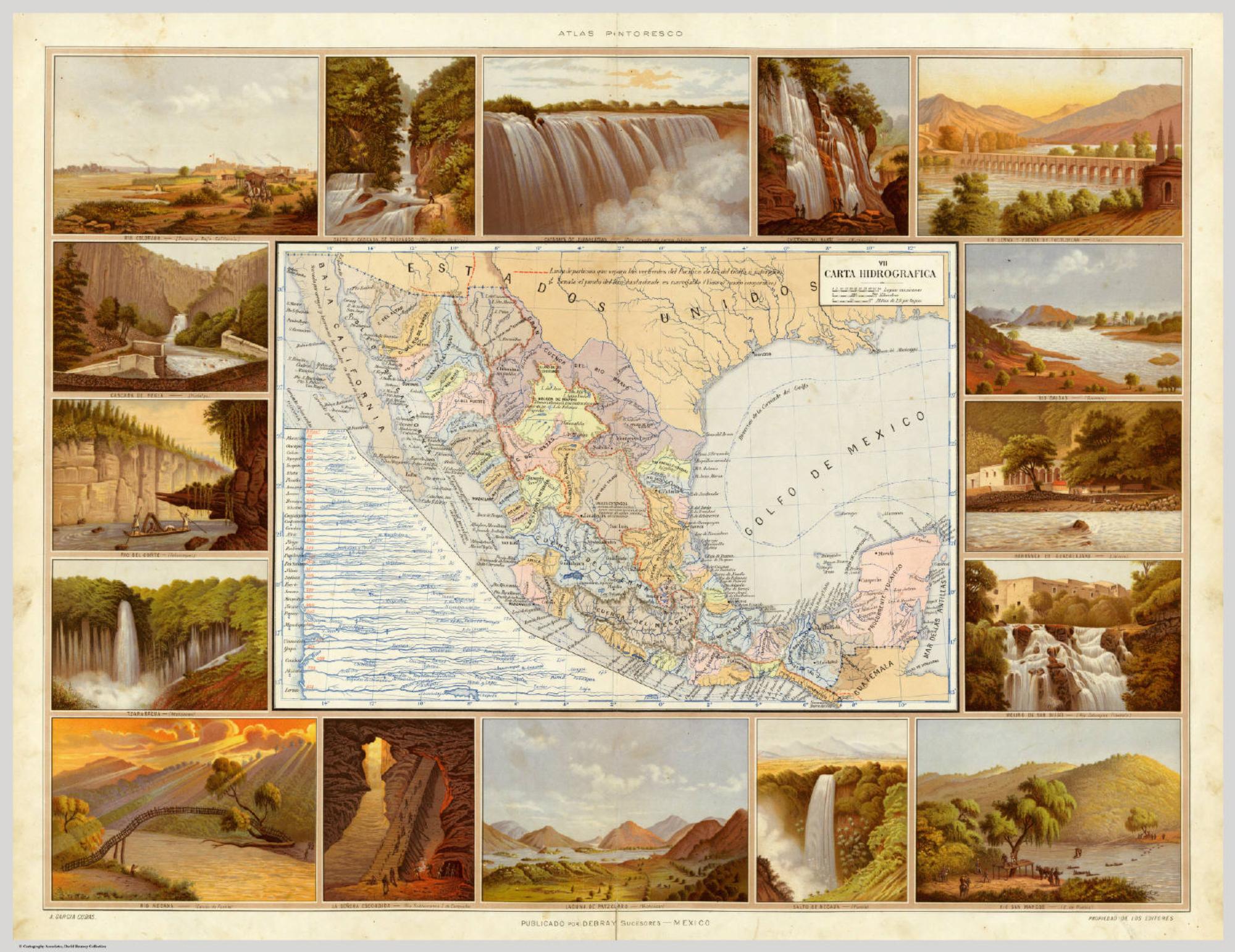 Carta hidrográfica de 1885. Ríos y lagos del país, con vistas de saltos y lagunas. La escala no sustituye el plano de la barranca de Metlac.