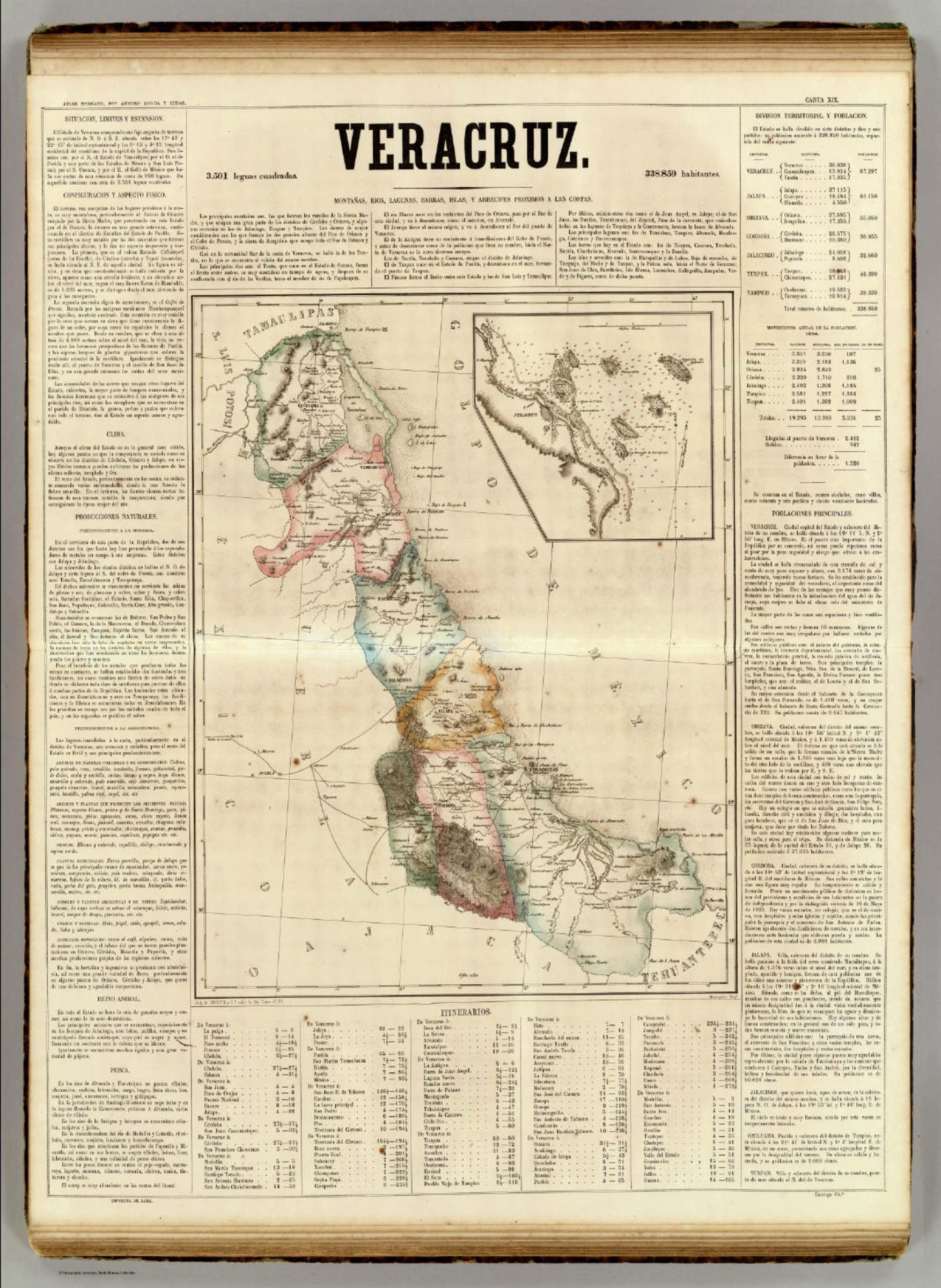 Veracruz en la carta general de la República de Antonio García Cubas, 1858. Córdoba y Orizaba aparecen en la sierra, al occidente del puerto.